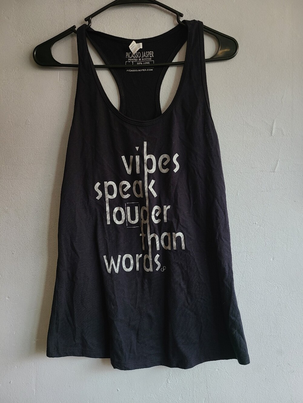 Women's large Picasso Jasper black racerback tank top shirt "vibes louder"